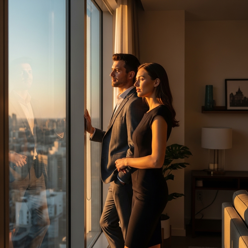 A quiet moment where a couple reflects on the possibilities and uncertainties of building a life in the United States.